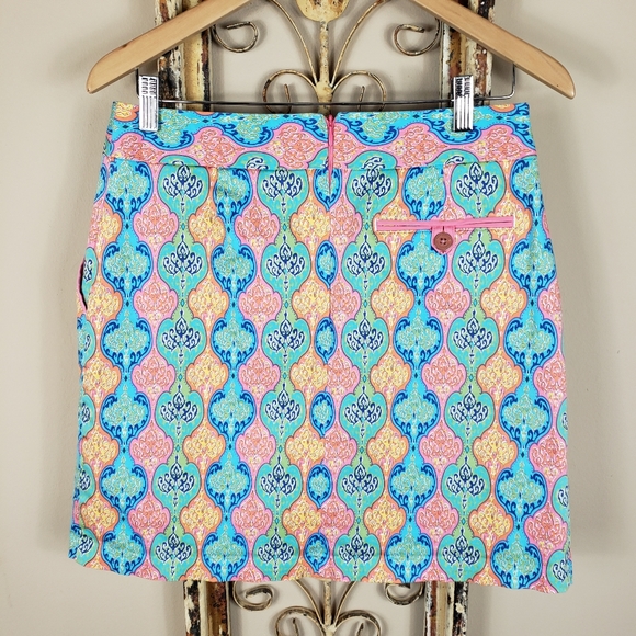 Peter Millar Pink & Blue Print Golf Skort Sz 4 - Picture 2 of 9